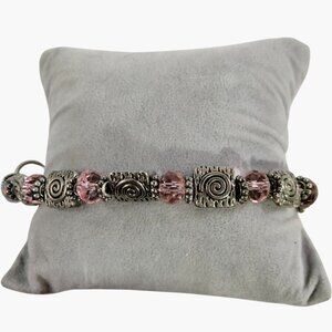 Handcrafted Silver Tone Pink Beaded Bracelet Swirl Design Toggle Clasp 7 inch